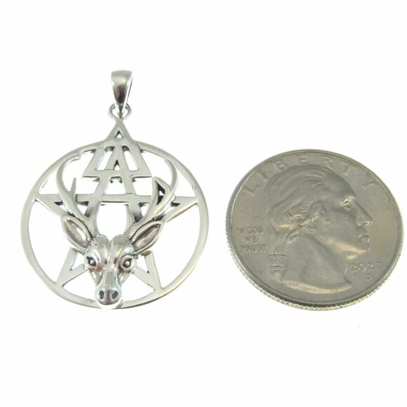 Solid 925 Sterling Silver Third Degree Deer Head Cernunnos Pentacle Pendant - Picture 5 of 9